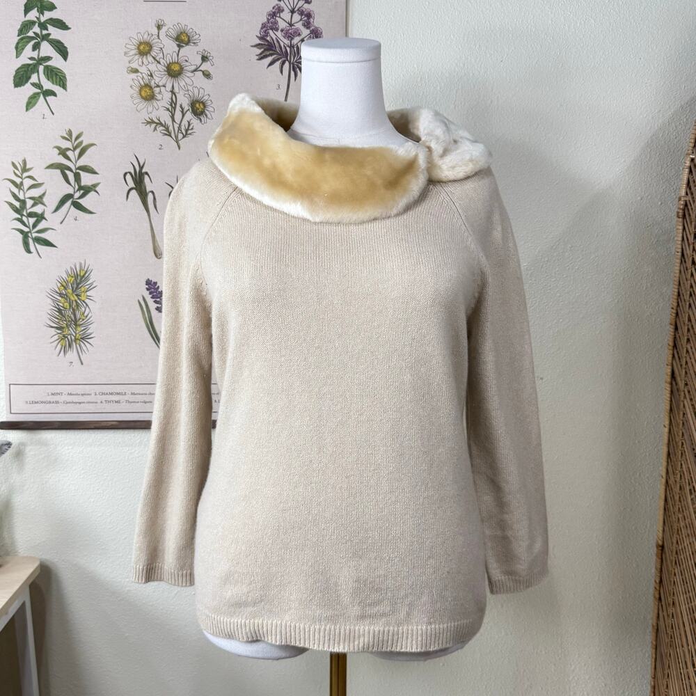 90s Y2k Faux Fur Collar Pullover Sweater Old Money Heritage Forest Mori Kei L